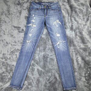 American High Rise Jeggings Womens 4 Dark Wash Tappered Distressed Stretch Denim